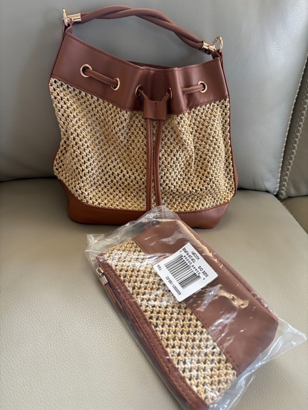Brown Woven Bucket Bag with Matching Pouch - Stylish Everyday Tote